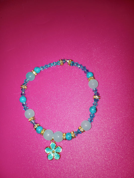 Blue Flower Charm Beaded Bracelet