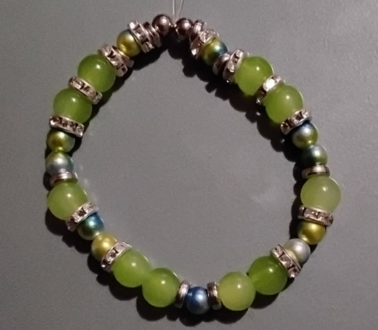 Light Green Glass Beaded Bracelet With Blue/Green/Silver Glass Pearl Beads